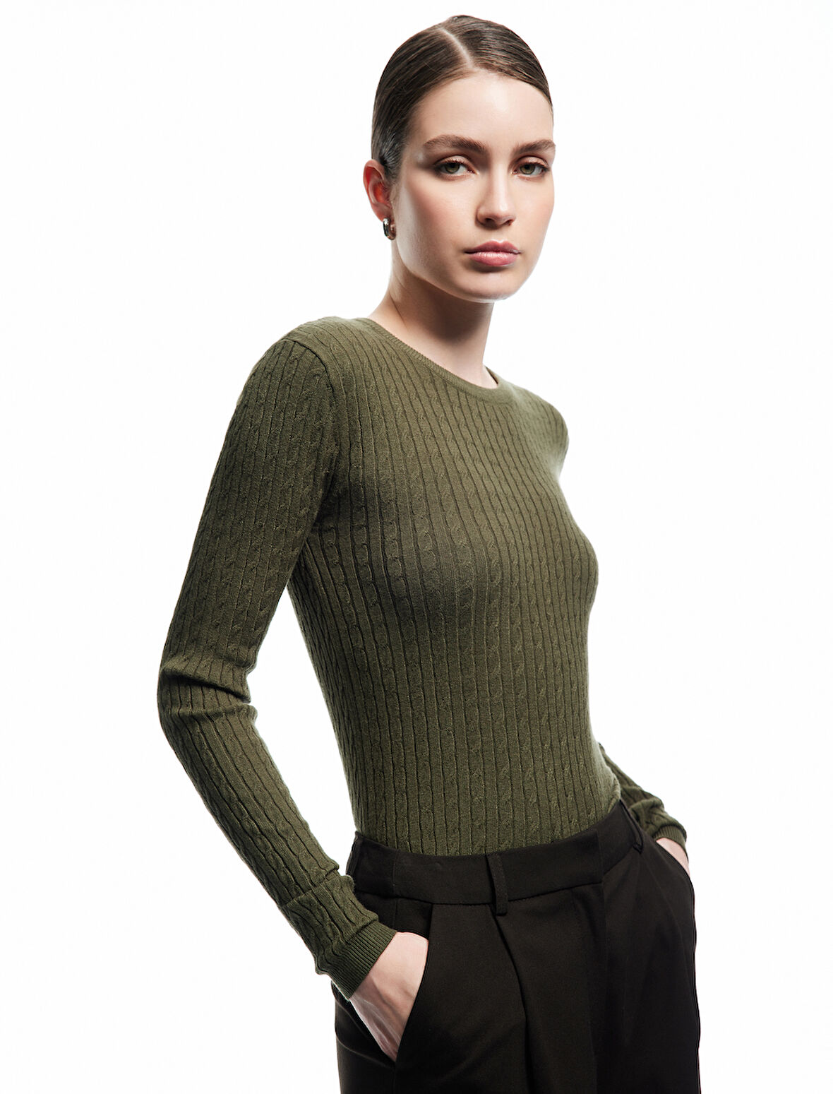 Uzun Kollu Bisiklet Yaka Saç Örgü Triko Kazak