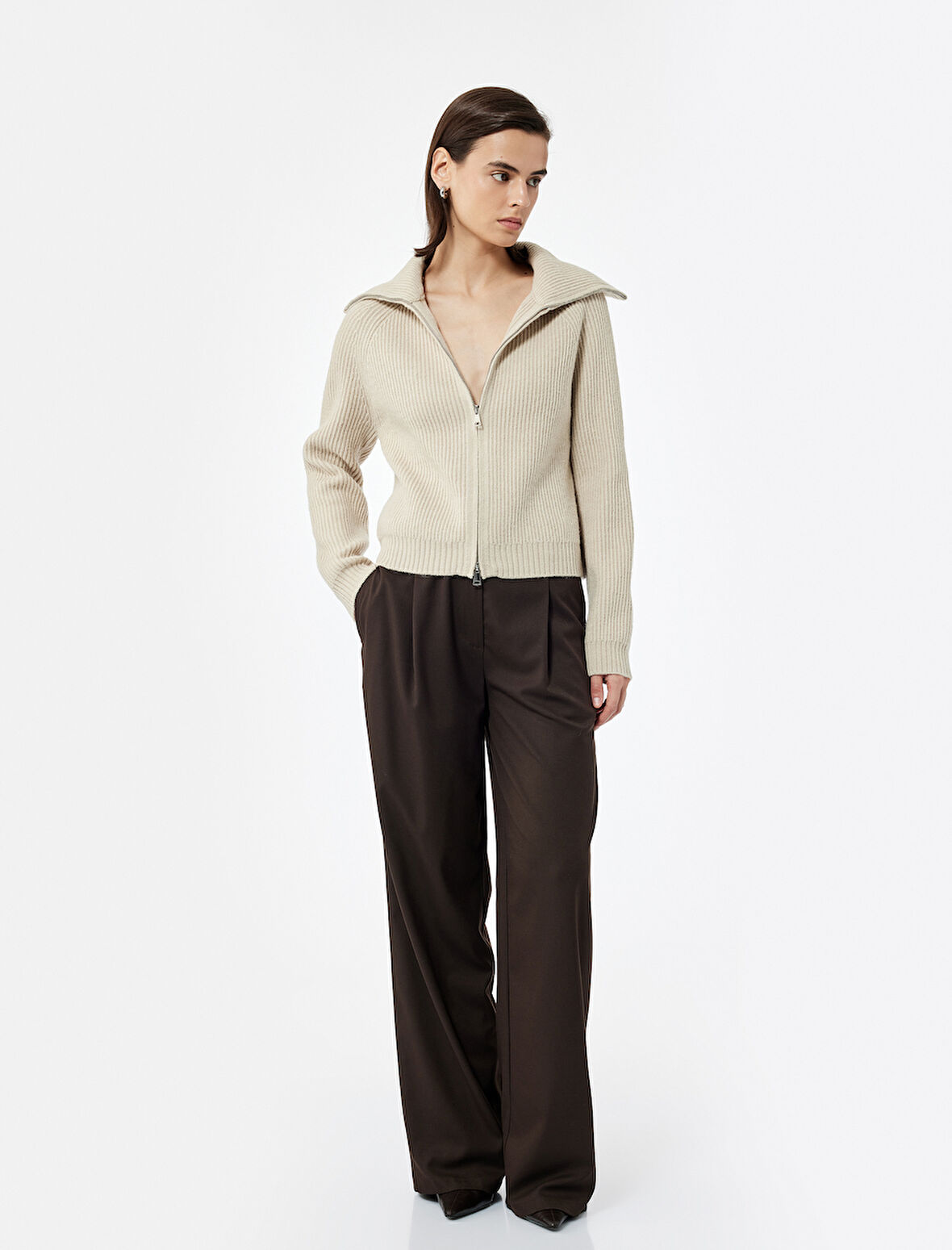 Regular Fit Dik Yaka Fermuarlı Uzun Kollu Triko Hırka