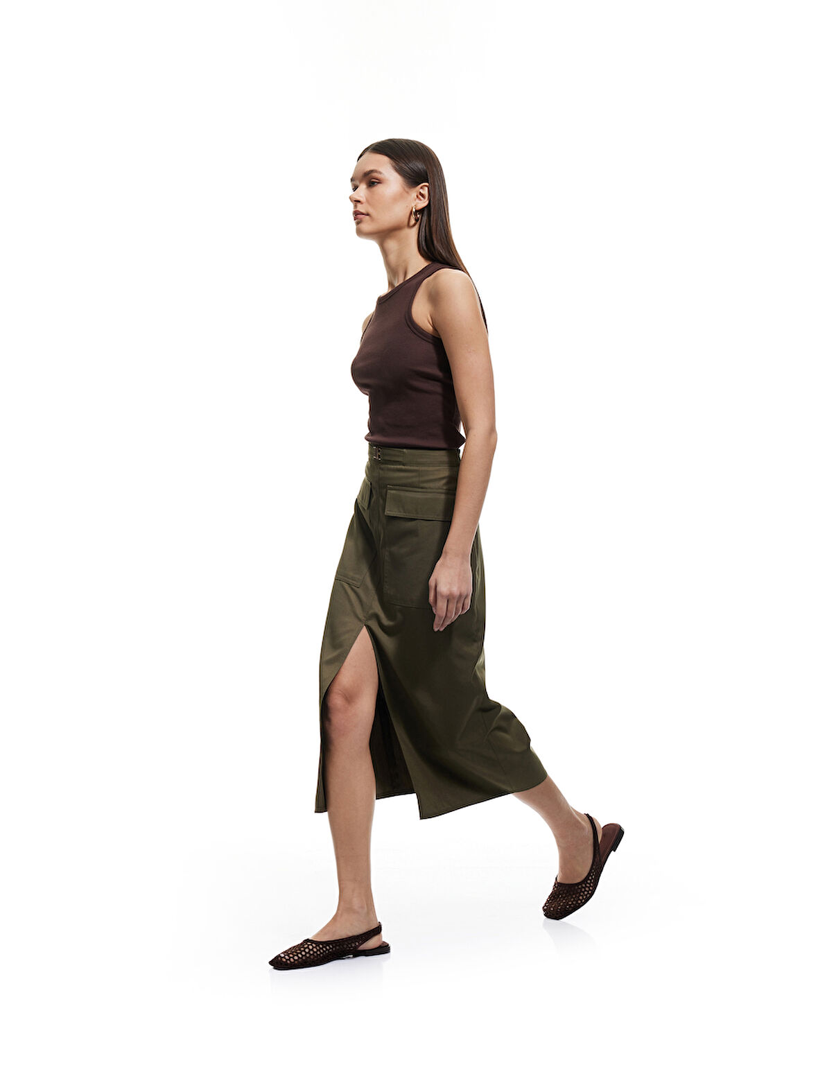 Gabardin Kumaş Slim Fit Kapaklı Cep Detaylı Yırtmaçlı Midi Kalem Etek 