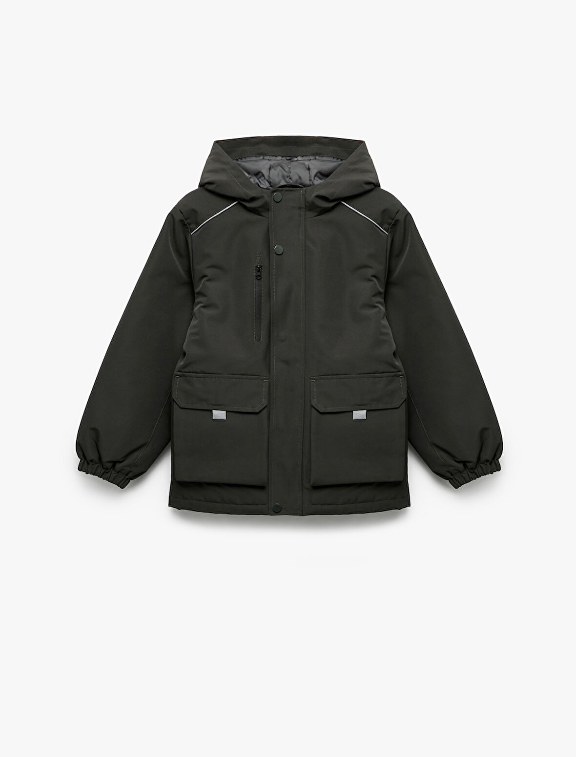 Uzun Kollu Fermuarlı Kapaklı Cepli Kapşonlu Şişme Mont 