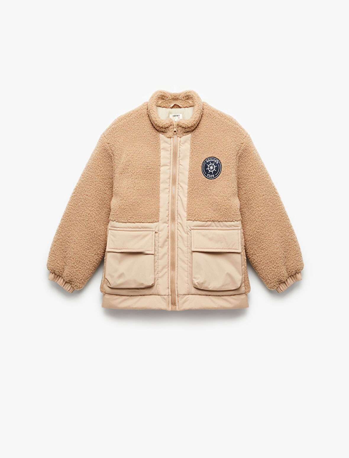 Uzun Kollu Dik Yaka Fermuarlı Cepli Polar Detaylı Ceket