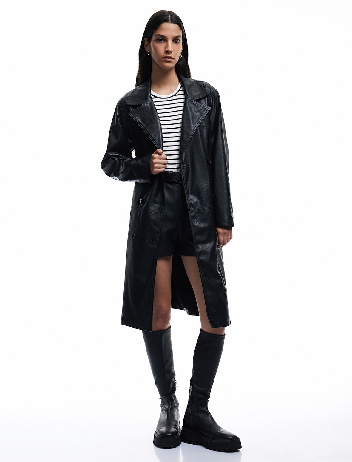 Düğmeli Kruvaze Yaka Uzun Trençkot