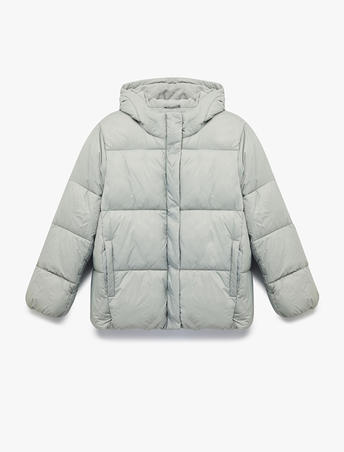 Kapüşonlu Uzun Kollu Cepli Fermuarlı Şişme Mont 