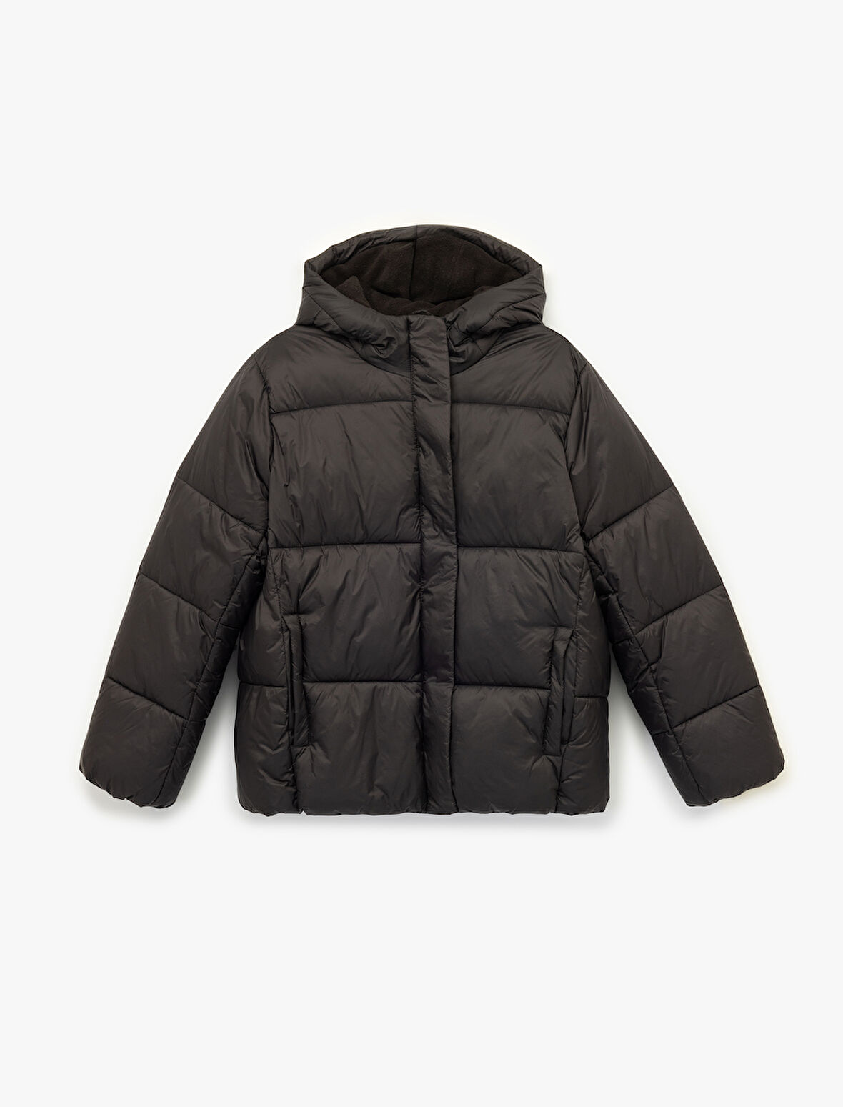 Kapüşonlu Uzun Kollu Cepli Fermuarlı Şişme Mont 