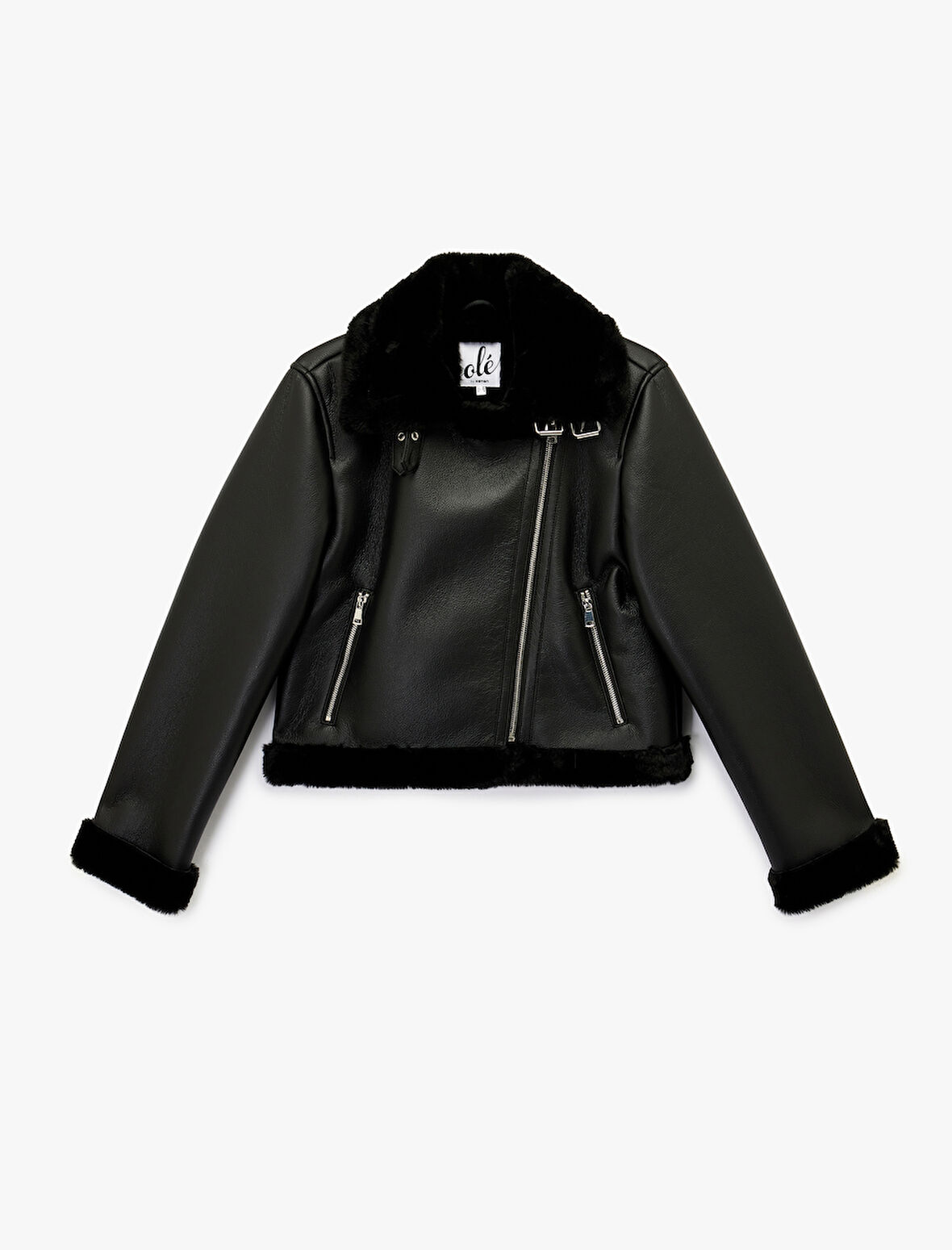 Uzun Kollu Deri Görünümlü Suni Kürk Yaka Biker Ceket