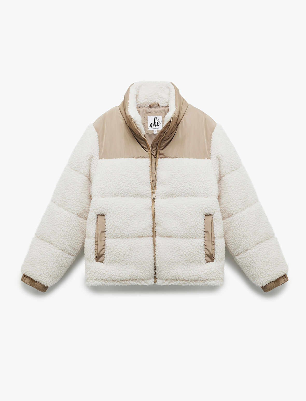 Dik Yaka Cep Detaylı Fermuarlı Renk Bloklu Peluş Mont