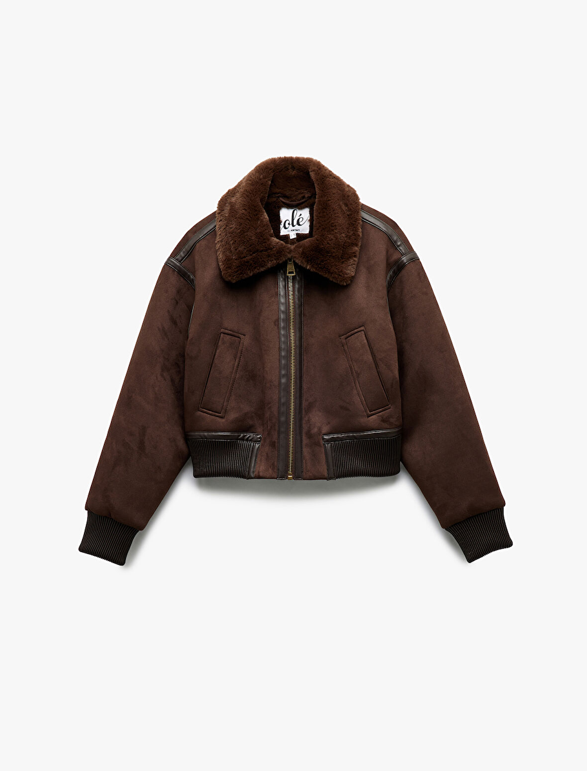 Uzun Kollu Suni Kürk Yaka Detaylı Femuarlı Bomber Ceket