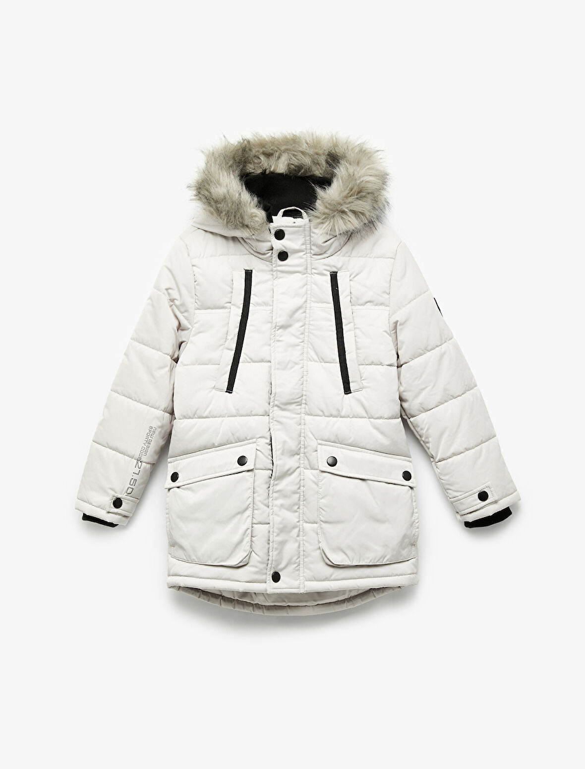 Peluş Detaylı Uzun Kollu Fermuarlı Cepli Uzun Kapşonlu Şişme Mont