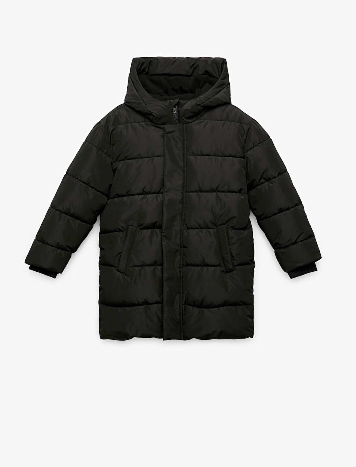 Uzun Kollu Cepli Kapşonlu Şişme Mont