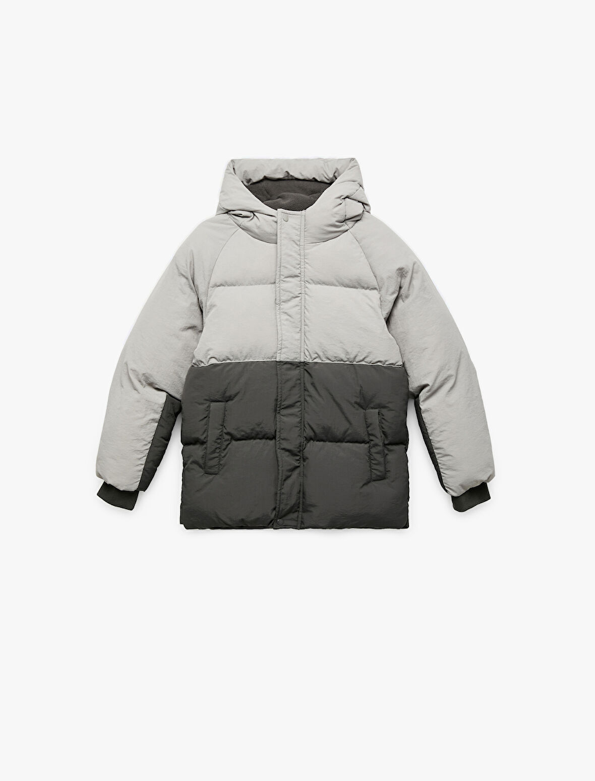 Polar Astarlı Uzun Kollu Kapşonlu Renk Bloklu Şişme Mont 