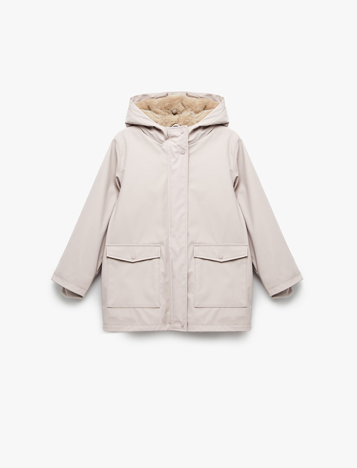 Kapşonlu Peluş Detaylı Kapaklı Cepli Uzun Kollu Mont