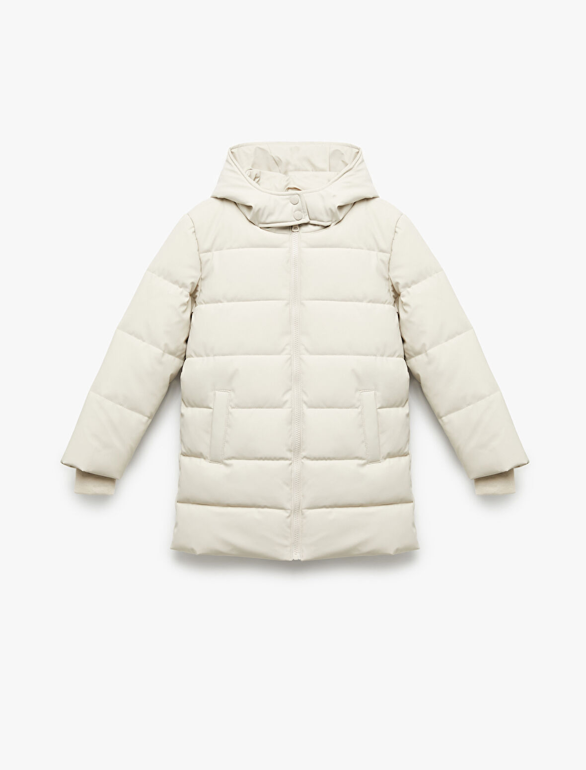 Uzun Kollu Fermuarlı Cepli İçi Suni Kürklü Kapşonlu Uzun Şişme Mont