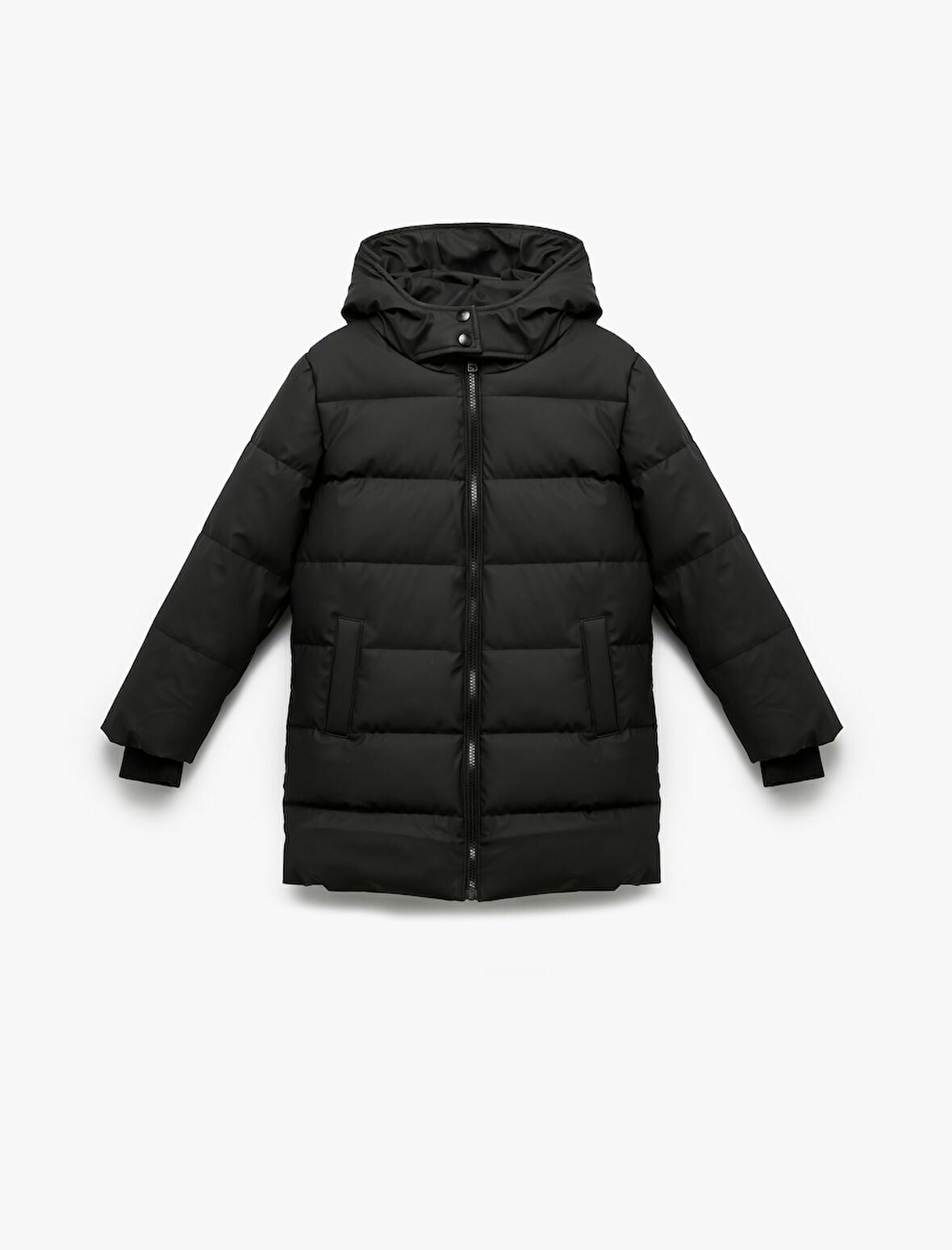 Uzun Kollu Fermuarlı Cepli İçi Suni Kürklü Kapşonlu Uzun Şişme Mont