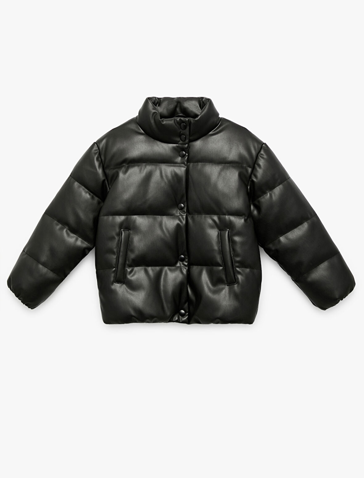 Dik Yaka Cepli Uzun Kollu Suni Deri Şişme Mont