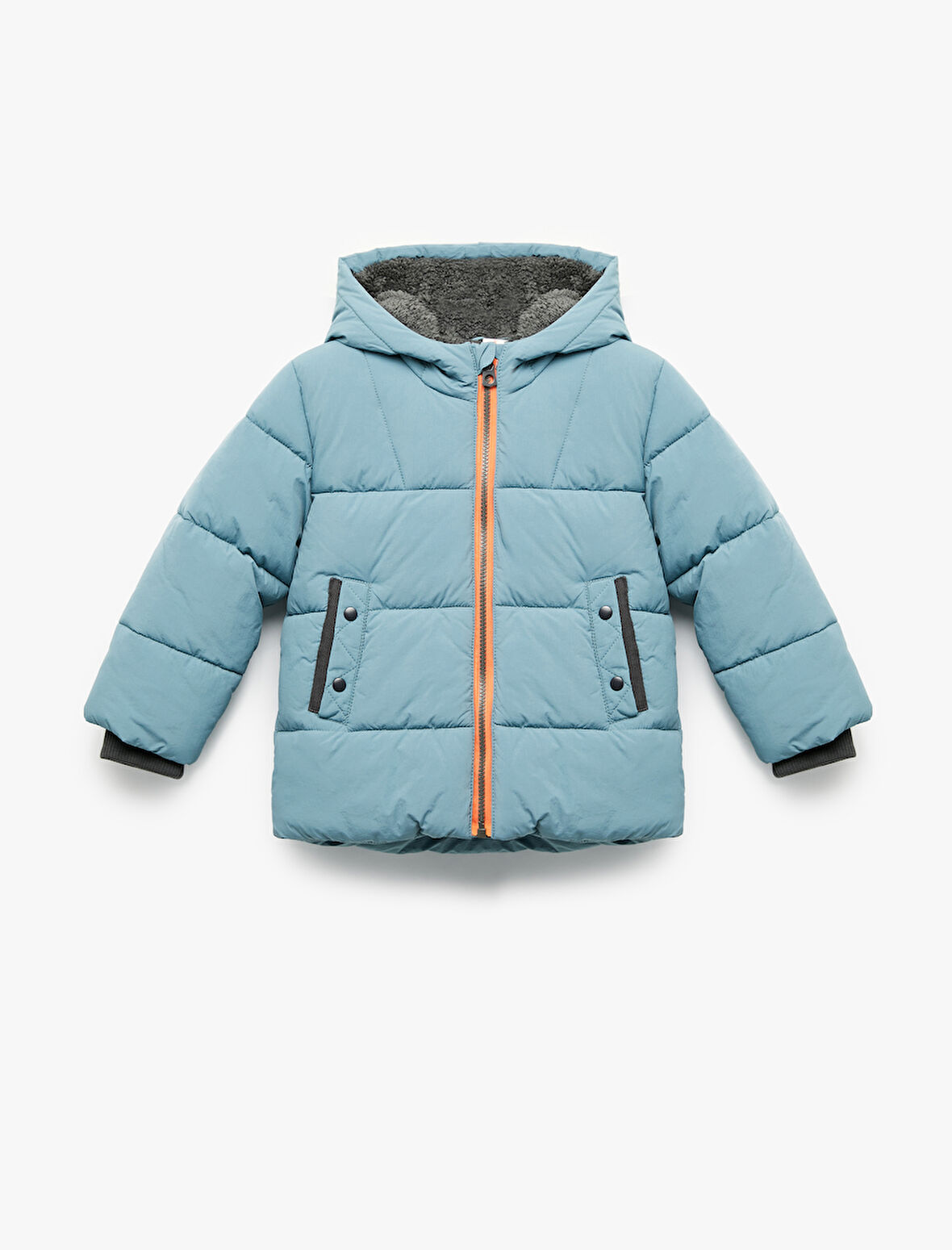 Uzun Kollu Cepli İçi Suni Kürklü Kapşonlu Şişme Mont 