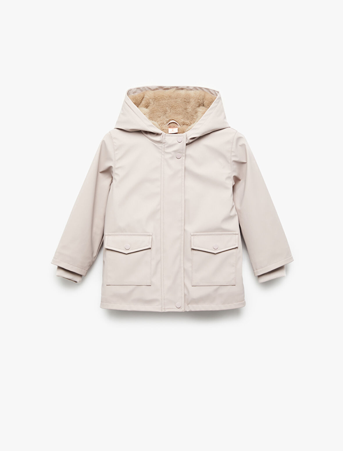 Peluş Detaylı Kapaklı Cepli Uzun Kollu Kapşonlu Kaban