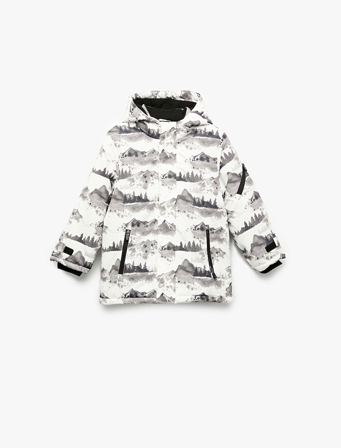 Polar Astarlı Desenli Uzun Kollu Kapşonlu Mont