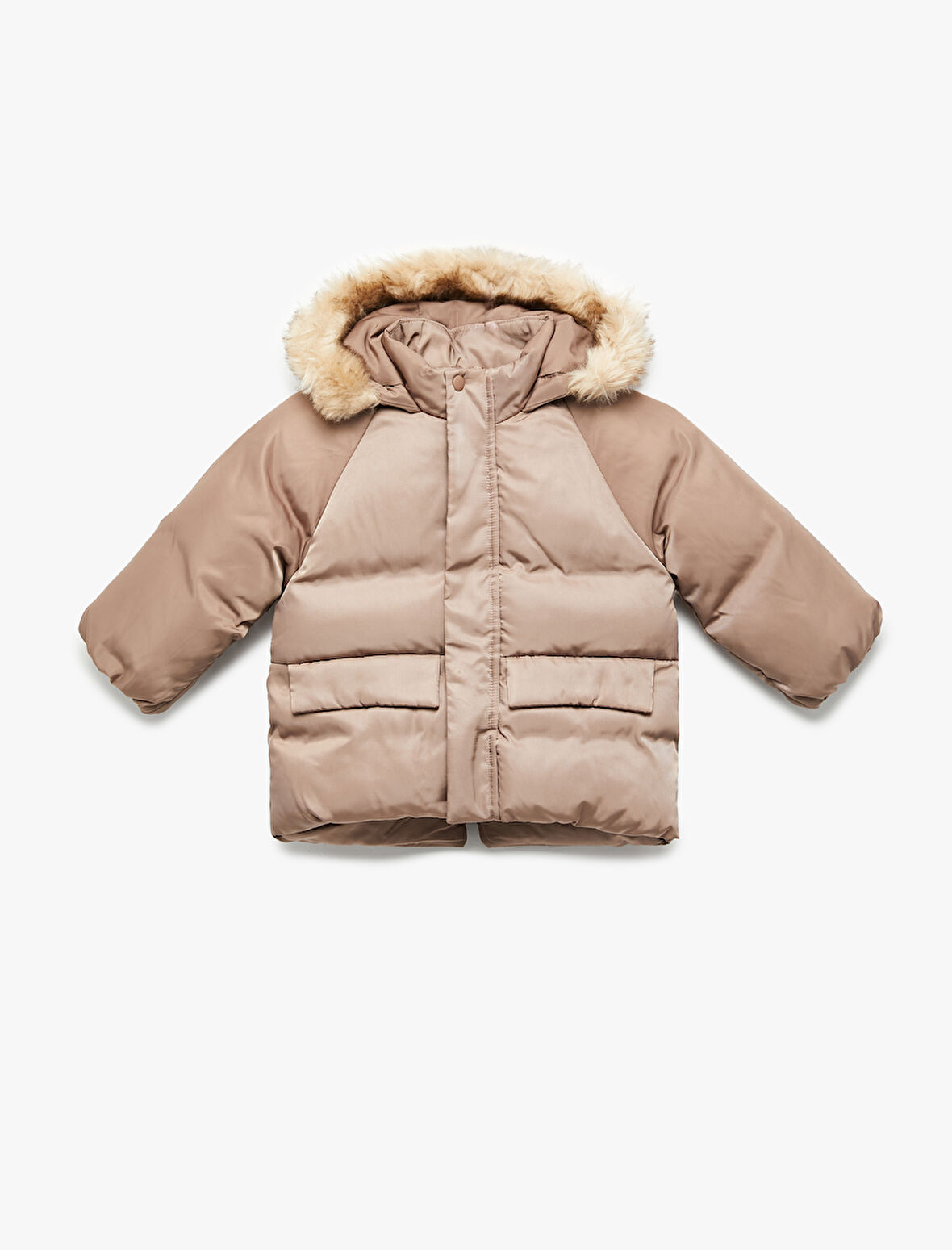 Uzun Kollu Cepli Peluş Detaylı Kapşonlu Şişme Mont