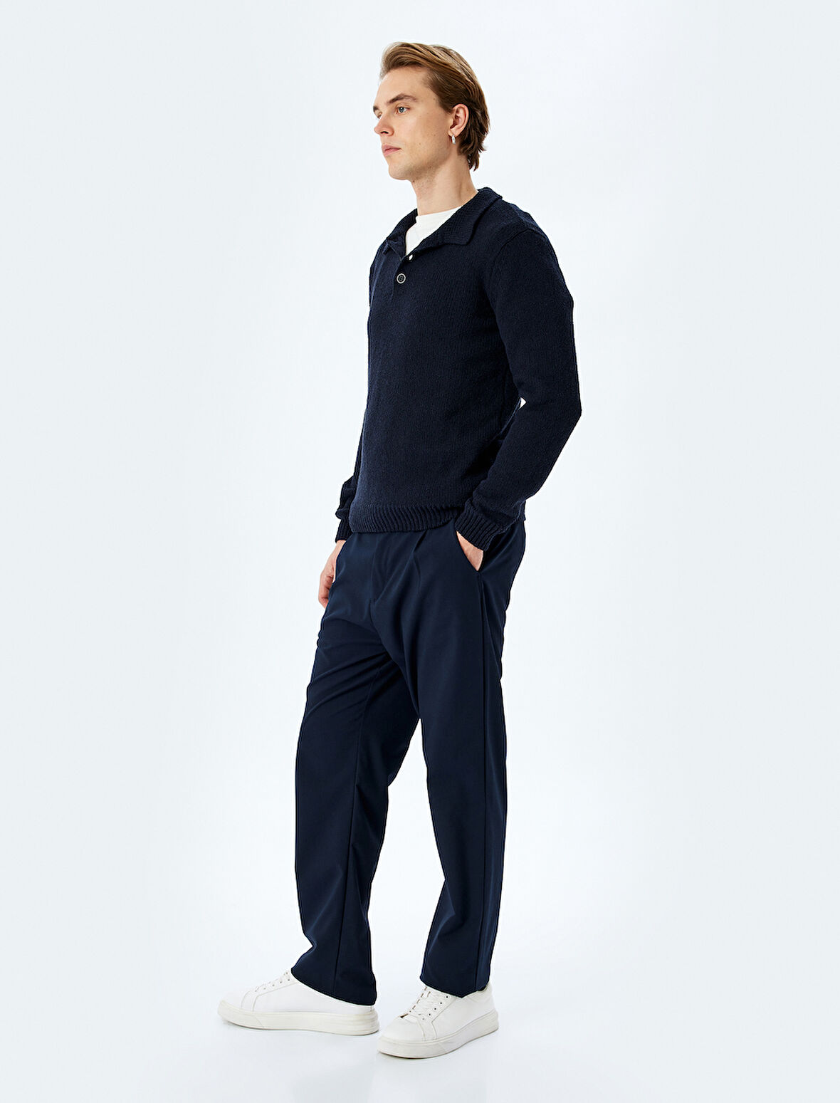 Düğmeli Polo Yaka Pamuk Karışımlı Basic Uzun Kollu Triko Kazak