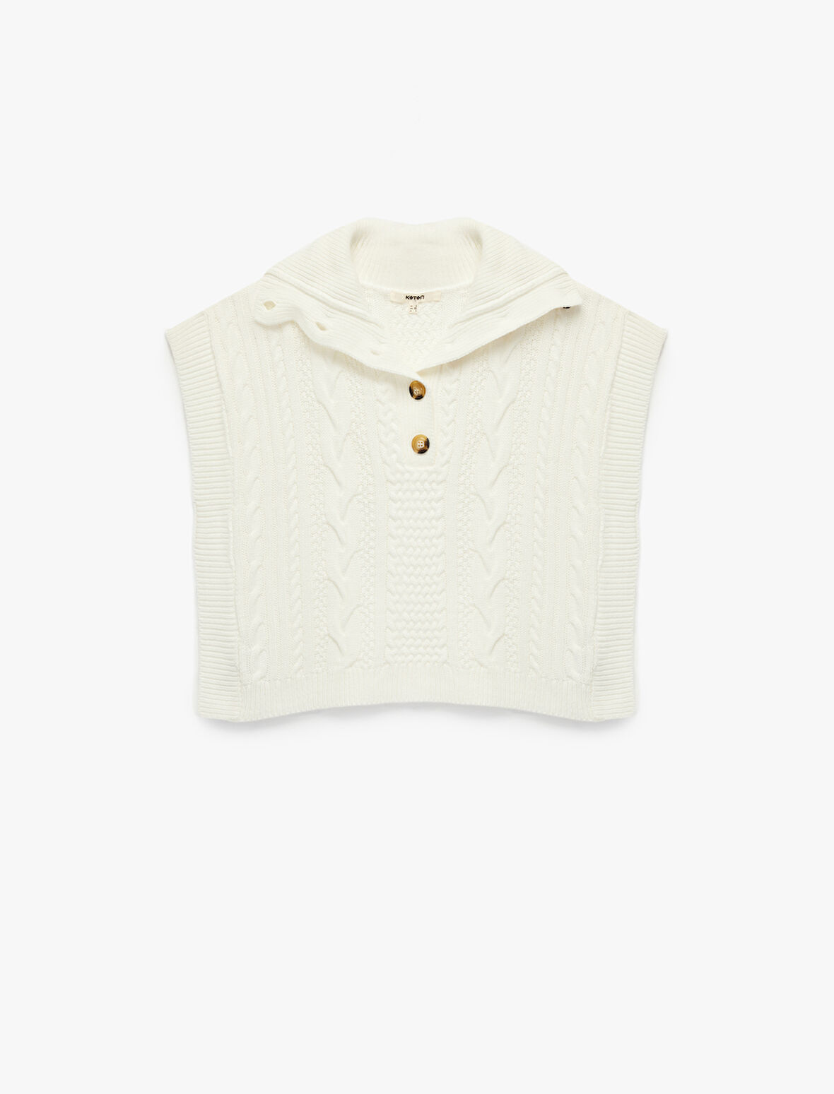 Yarım Düğmeli Devrik Yaka Kolsuz Saç Örgü Süveter