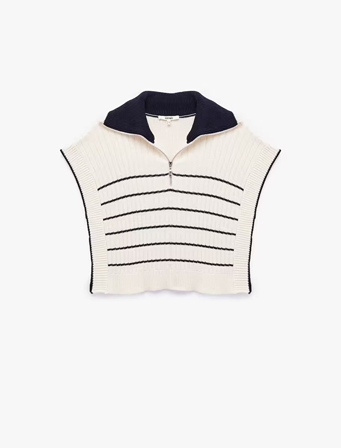 Yanları Yırtmaçlı Yarım Fermuarlı Polo Yaka Çizgili Triko Süveter