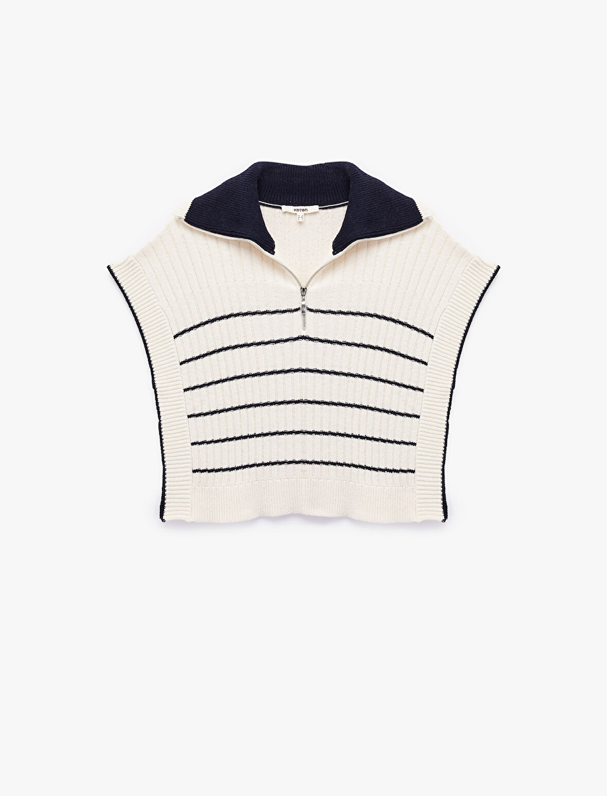 Yanları Yırtmaçlı Yarım Fermuarlı Polo Yaka Çizgili Triko Süveter