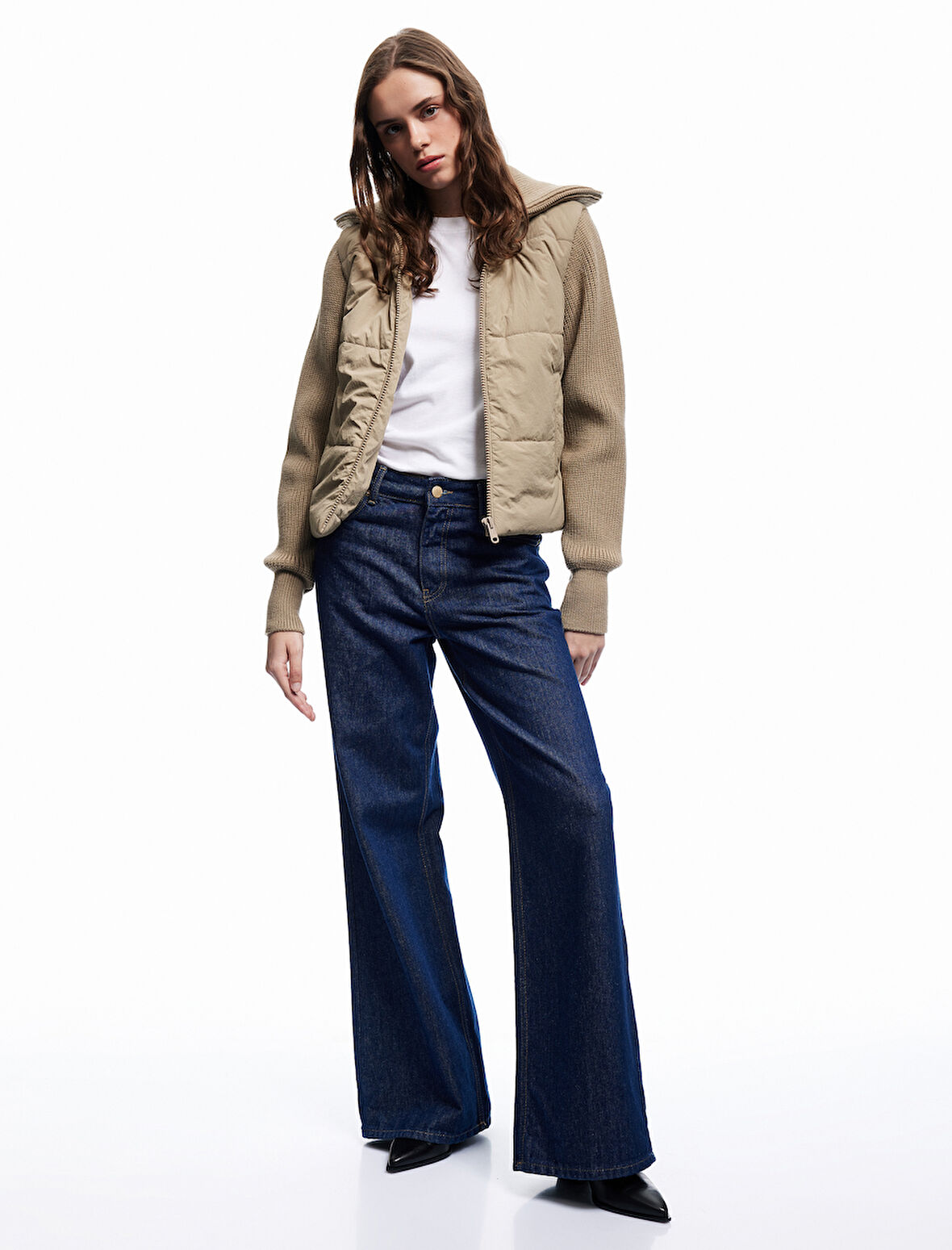 Dik Yaka Uzun Kollu Cepli Fermuarlı Su İtici Anorak Şişme Crop Ceket