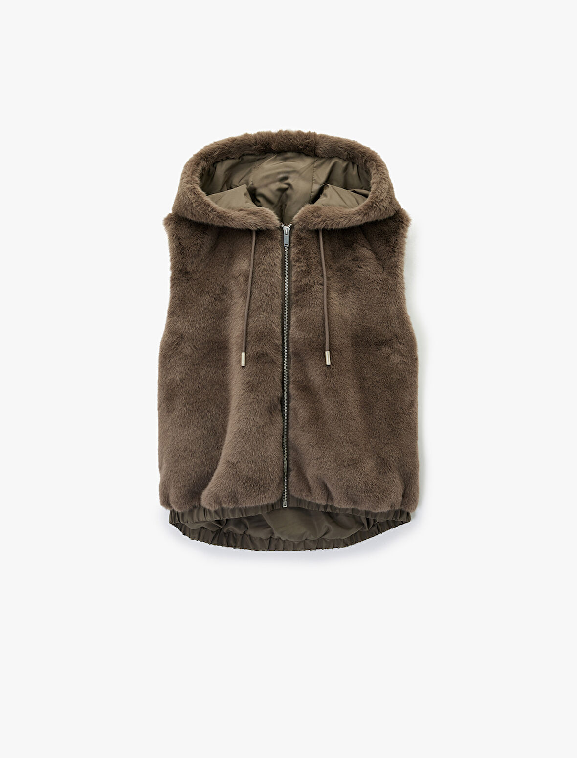Kolsuz Kapüşonlu Fermuarlı Peluş Yelek