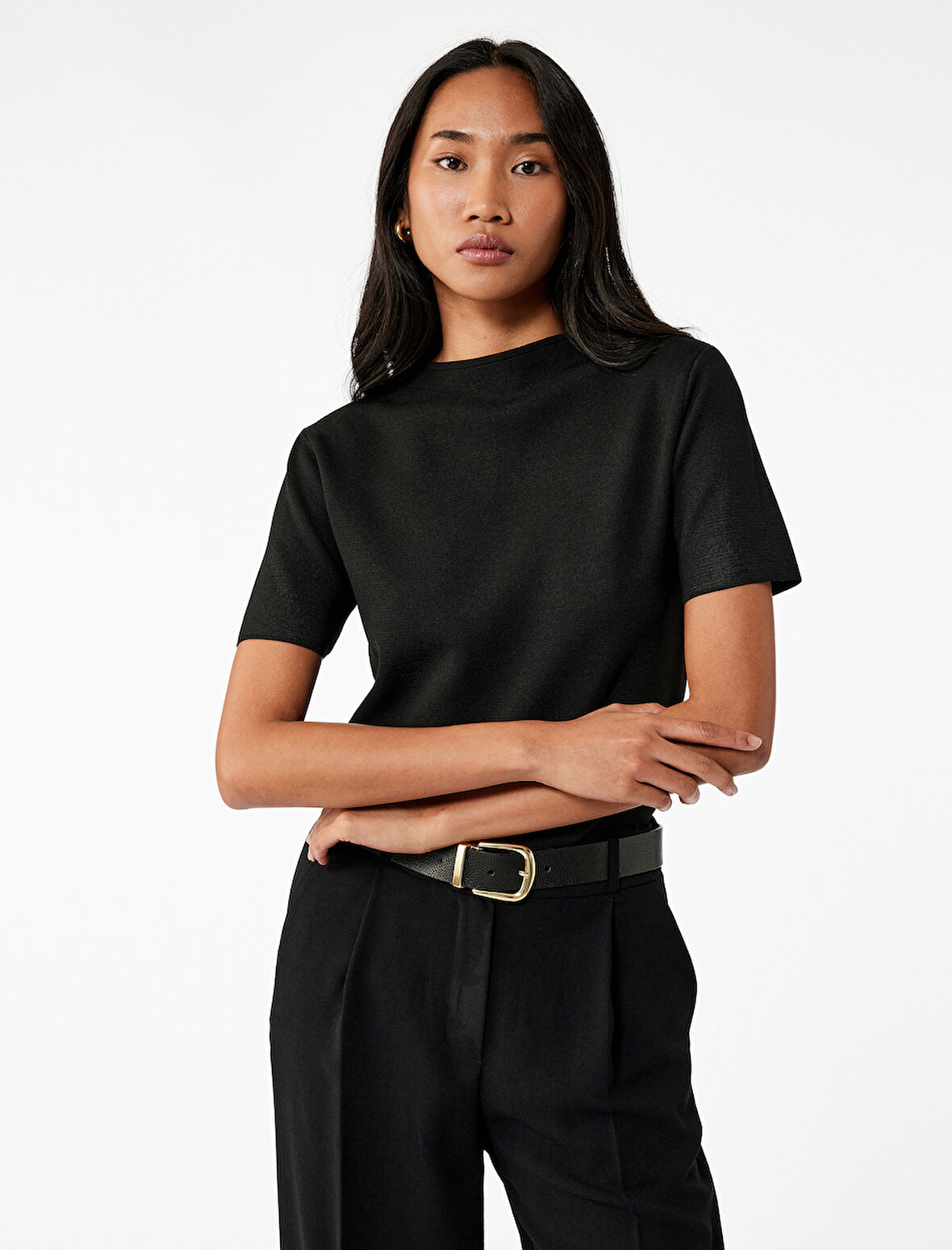 Regular Fit Kısa Kollu Hafif Dik Yaka Triko Kazak