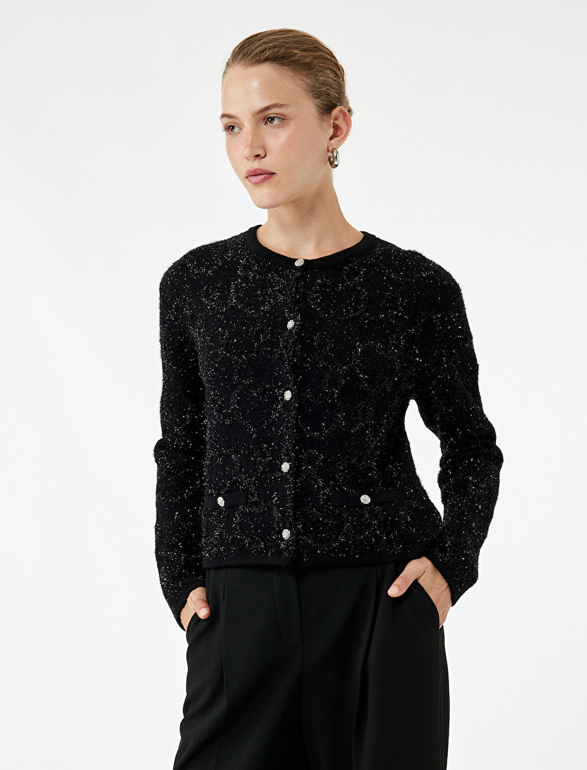 Düğmeli Uzun Kollu Metalik İplik Detaylı Triko Hırka