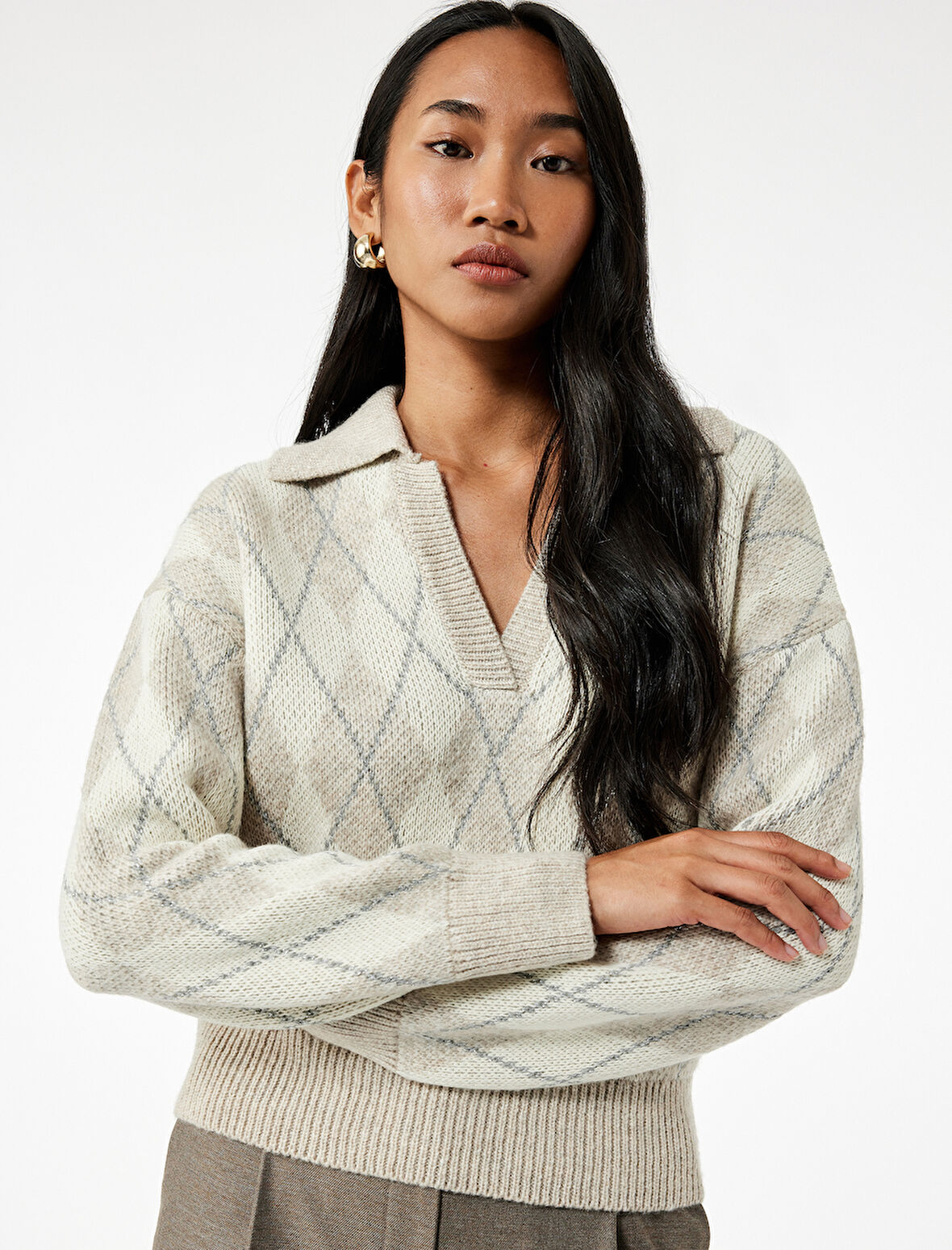 Uzun Kollu Baklava Desenli Polo Yaka Triko Oversize Kazak