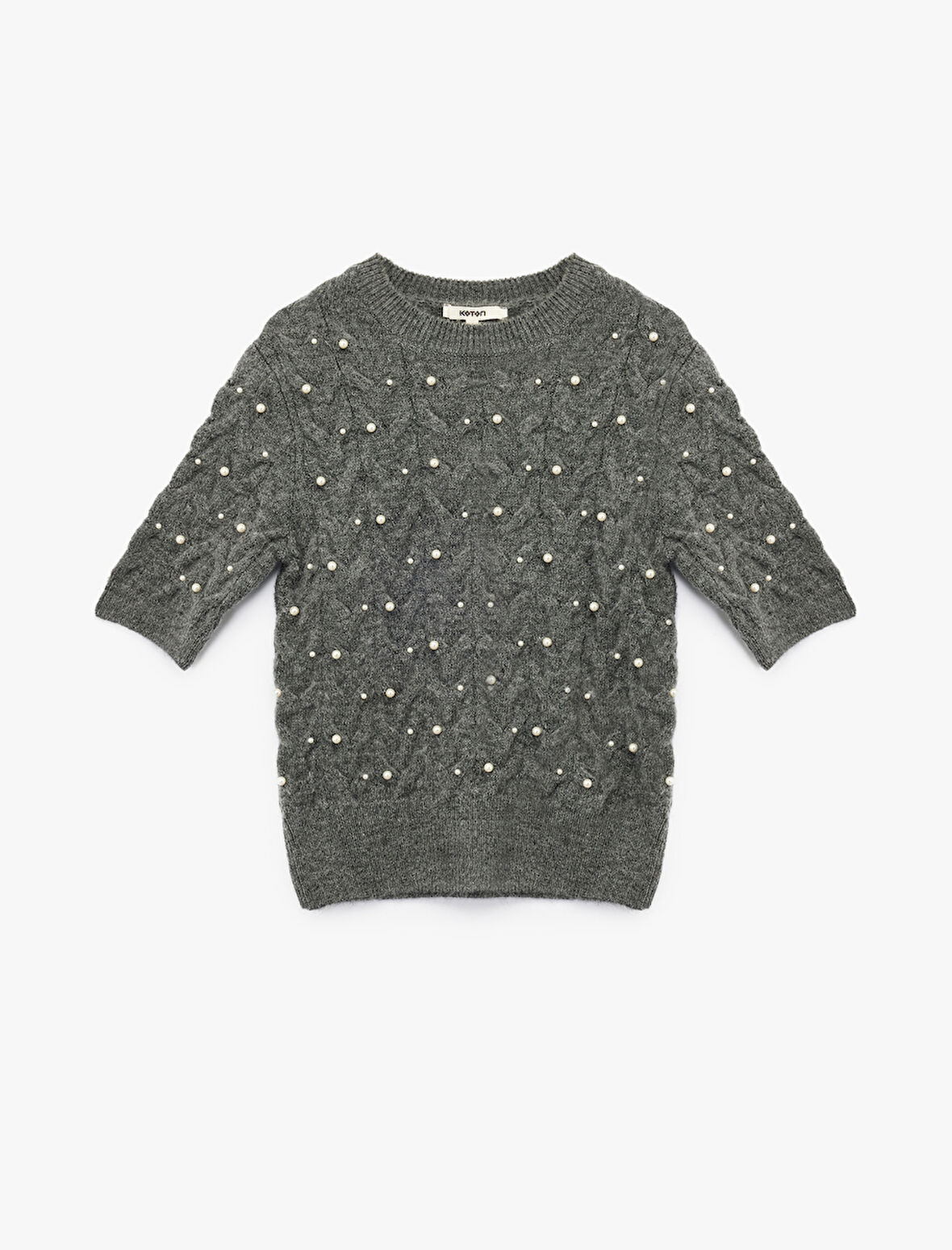 İnci İşleme Detaylı Kısa Kollu Bisiklet Yaka Saç Örgü Kazak