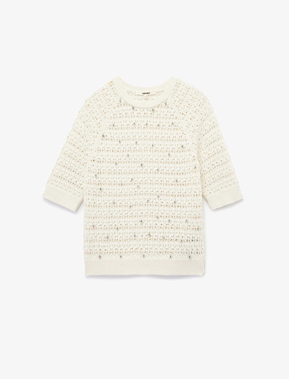 Kısa Kollu Bisiklet Yaka Boncuk İşlemeli Ajurlu Örgü Kazak