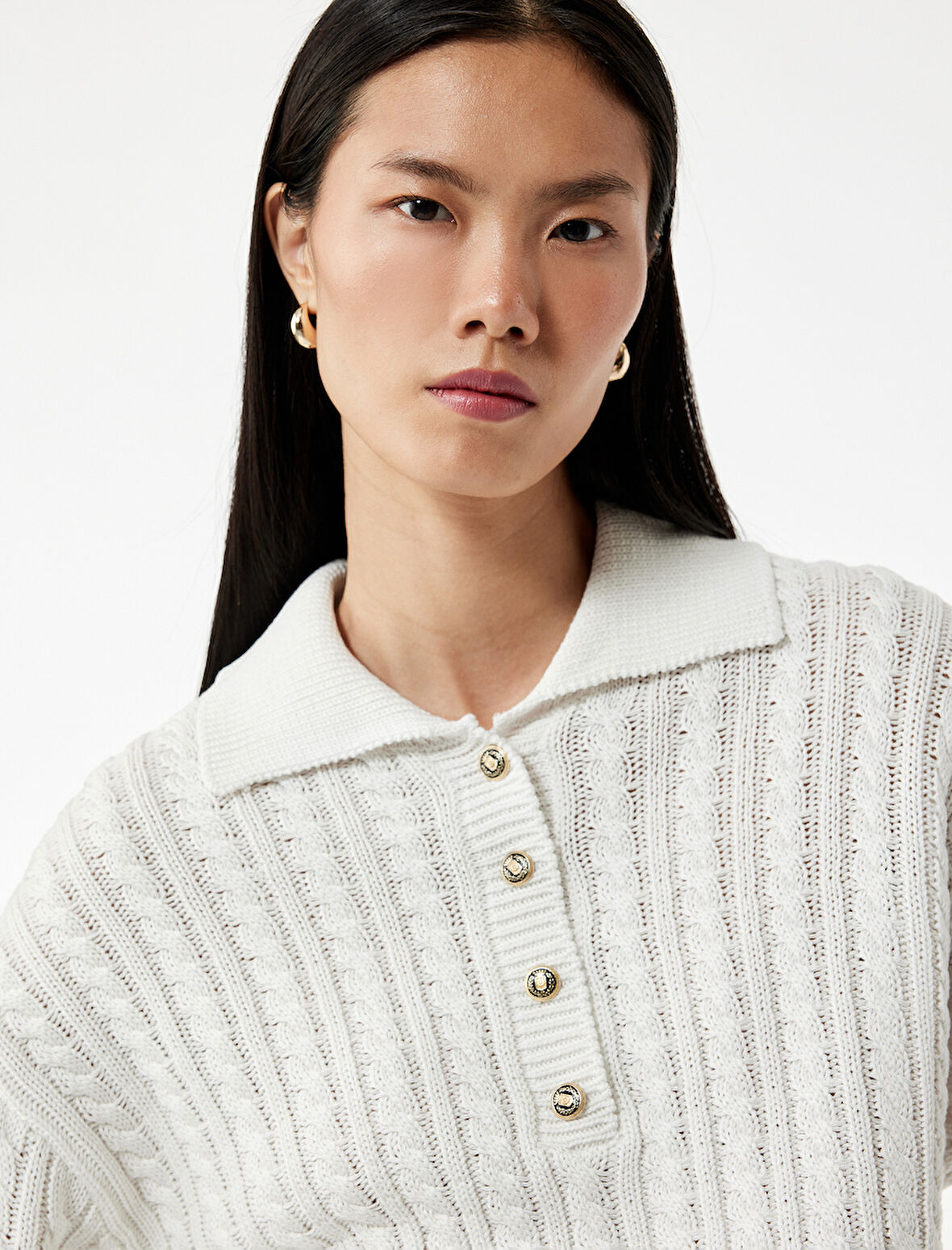 Regular Fit Uzun Kollu Düğmeli Saç Örgü Polo Yaka Kazak