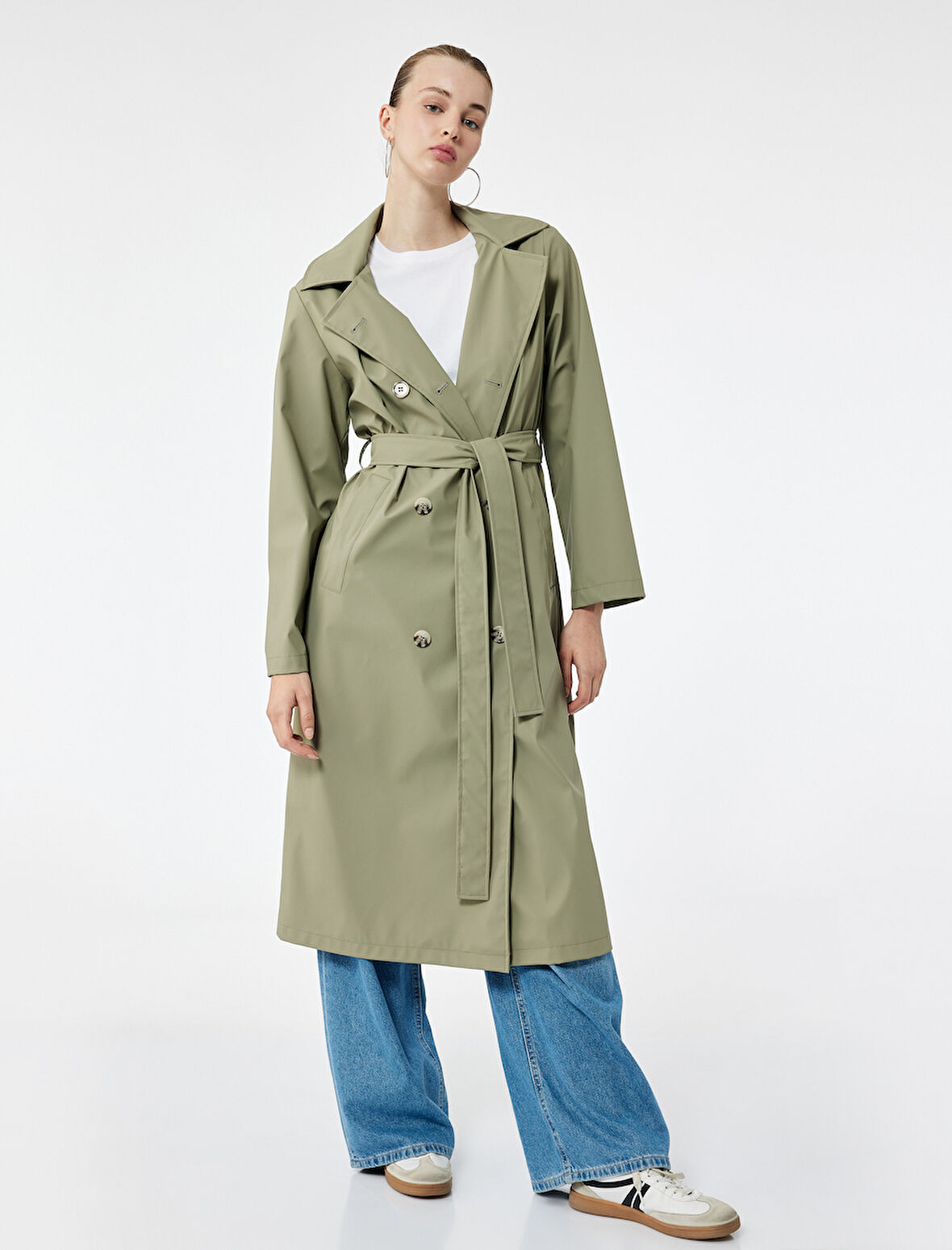 Düğmeli Kemer Detaylı Kruvaze Yaka Çıkarılabilir Kapüşonlu Uzun Trençkot