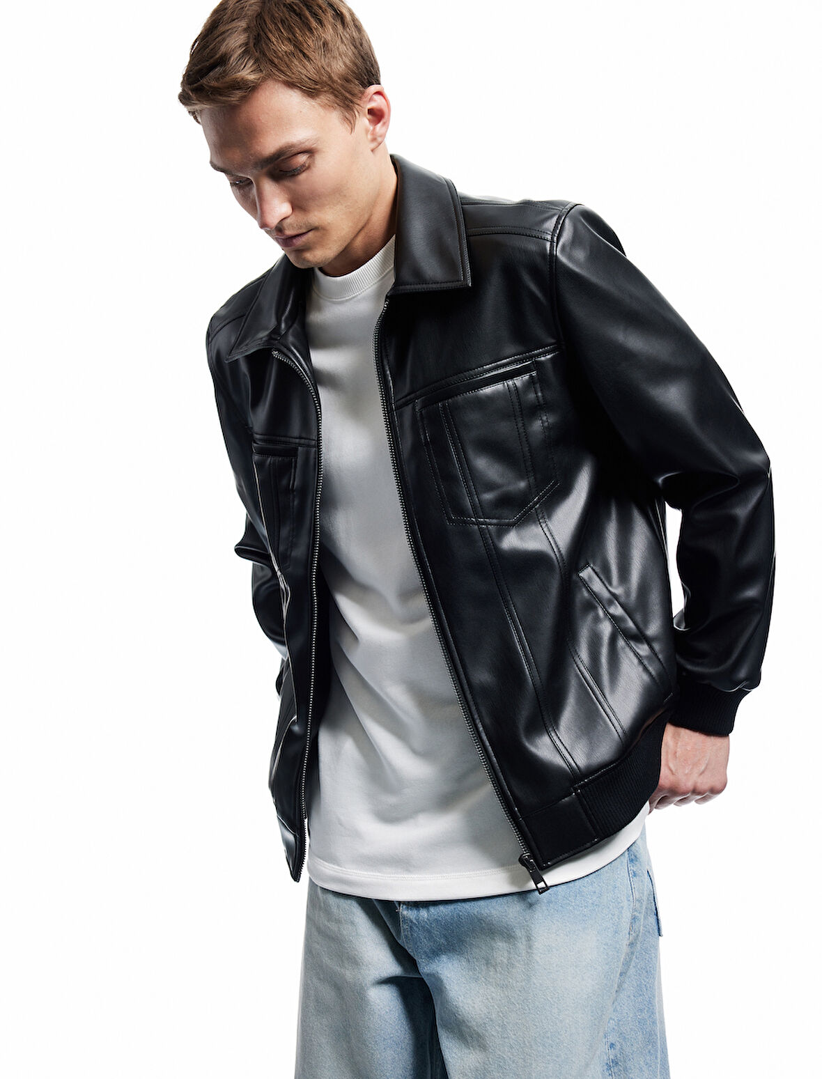 Slim Fit Gömlek Yaka Fermuarlı Cep Detaylı Suni Deri Ceket