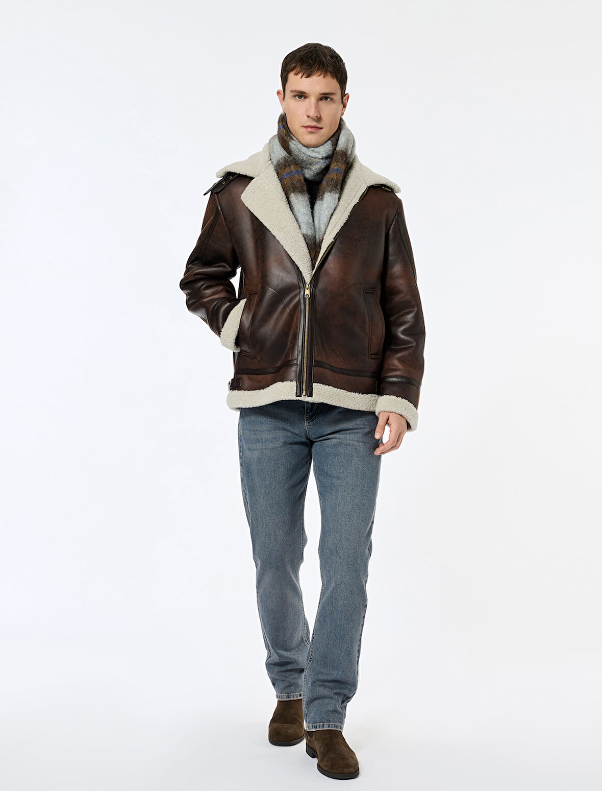 Peluş Yaka Uzun Kollu Cep Detaylı Fermuarlı Kışlık Suni Deri Ceket