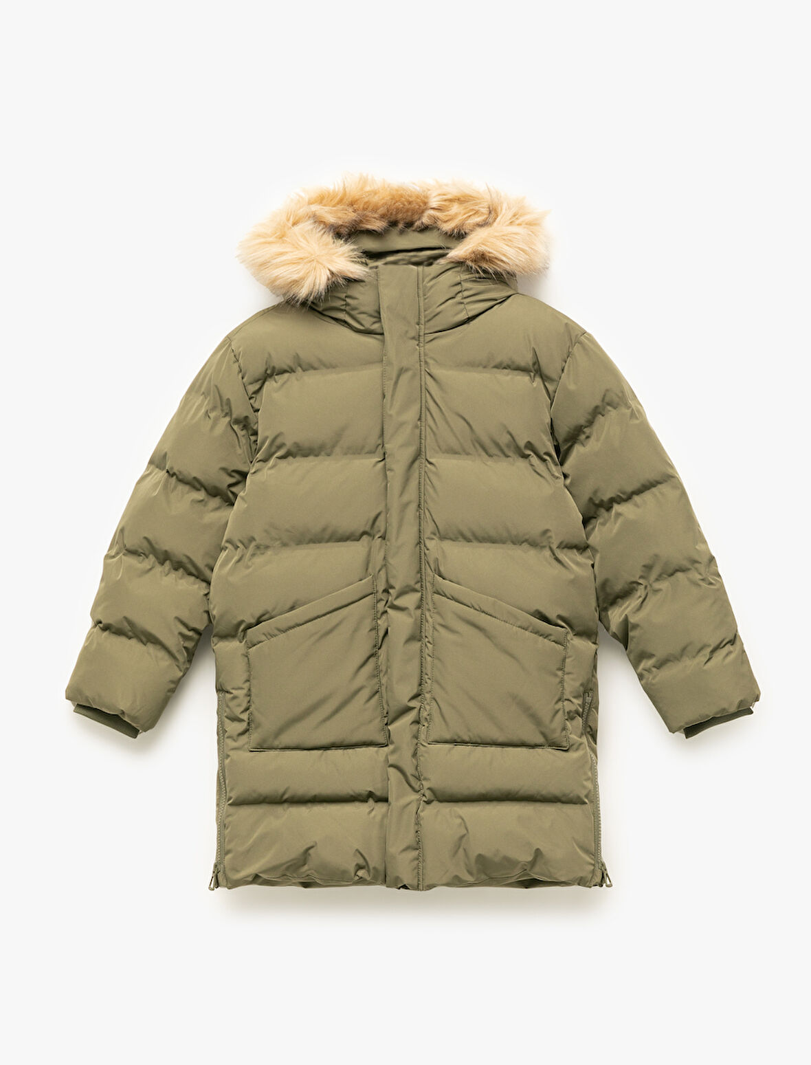 Peluş Detaylı Uzun Kollu Fermuarlı Cepli Uzun Kapşonlu Şişme Mont