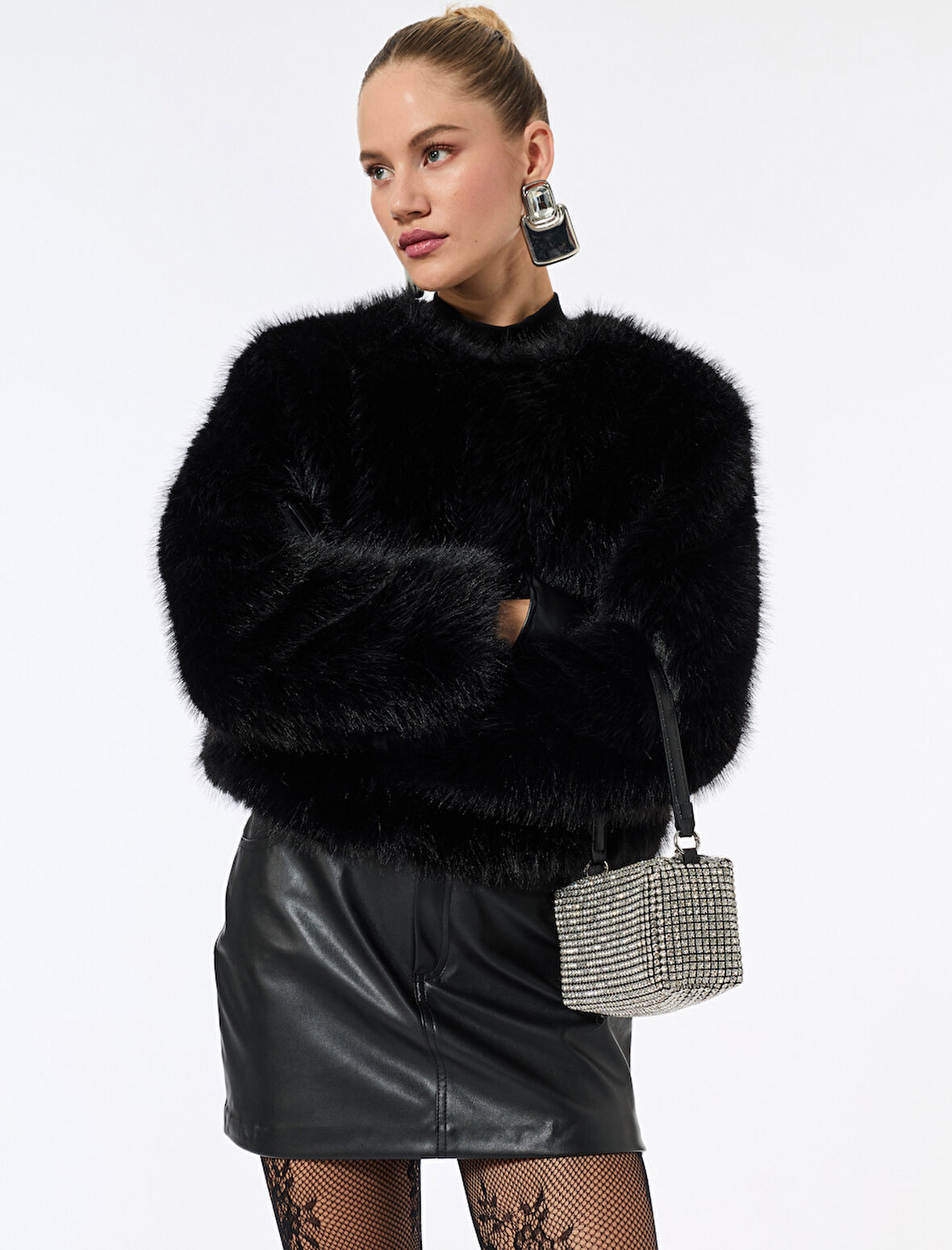 Suni Kürk Mont Crop Uzun Kollu Bisiklet Yaka