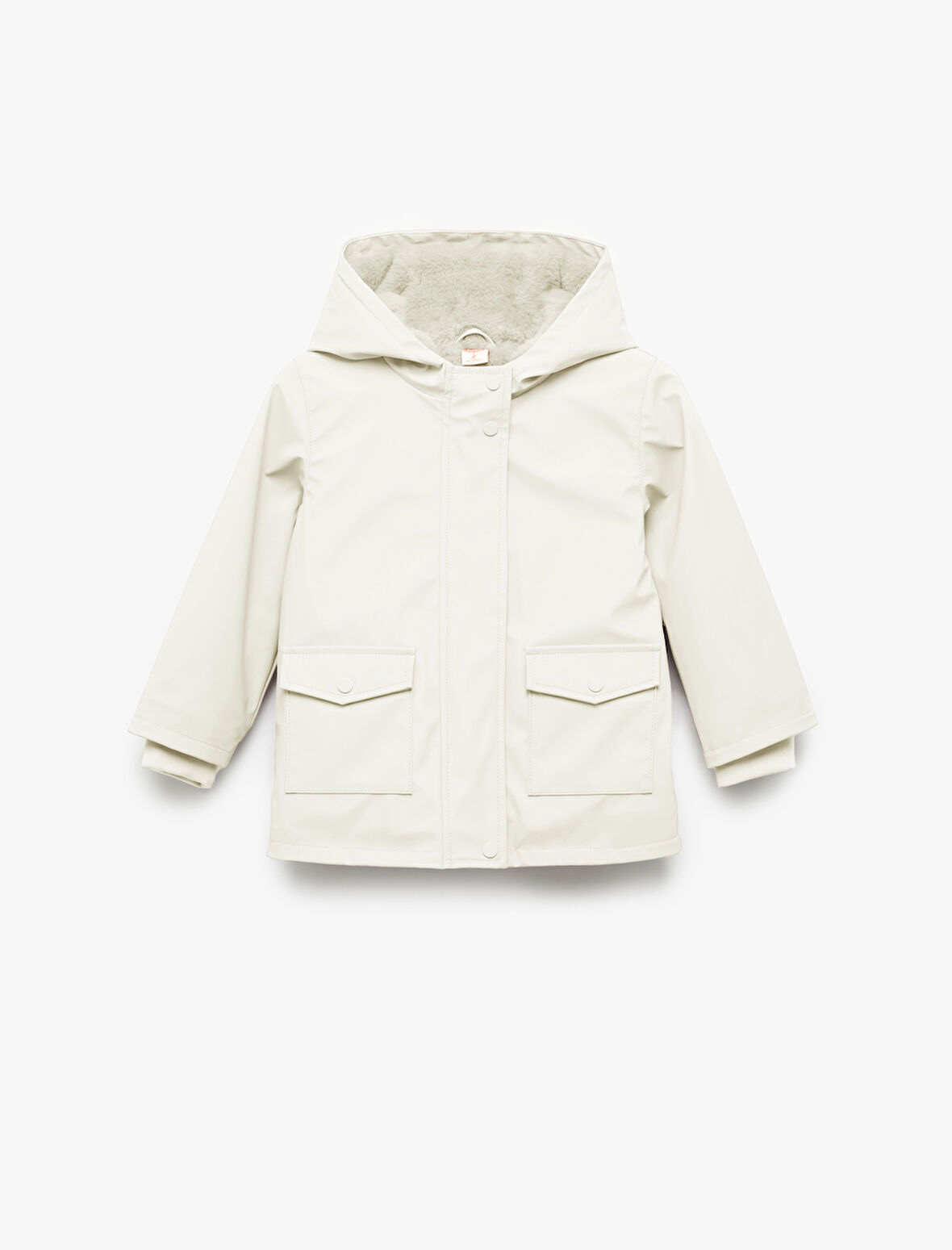 Peluş Detaylı Kapaklı Cepli Uzun Kollu Kapşonlu Kaban