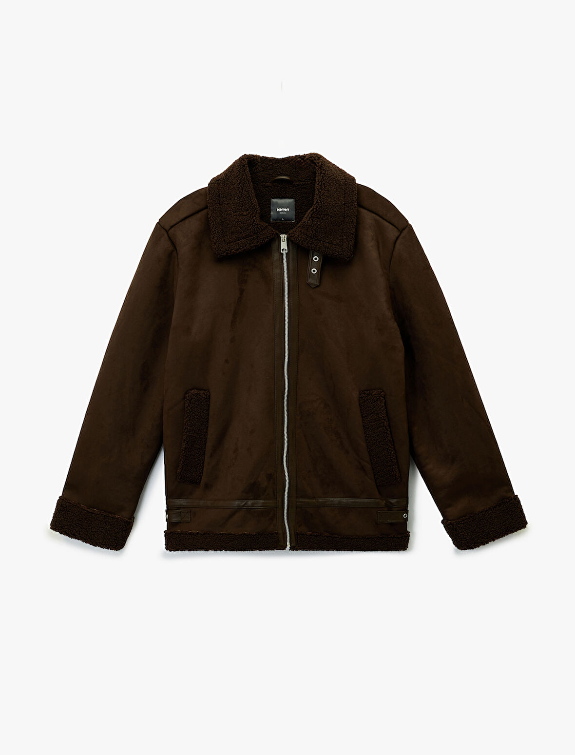 Uzun Kollu Cepli Fermuarlı Peluş Yaka Suni Süet Ceket