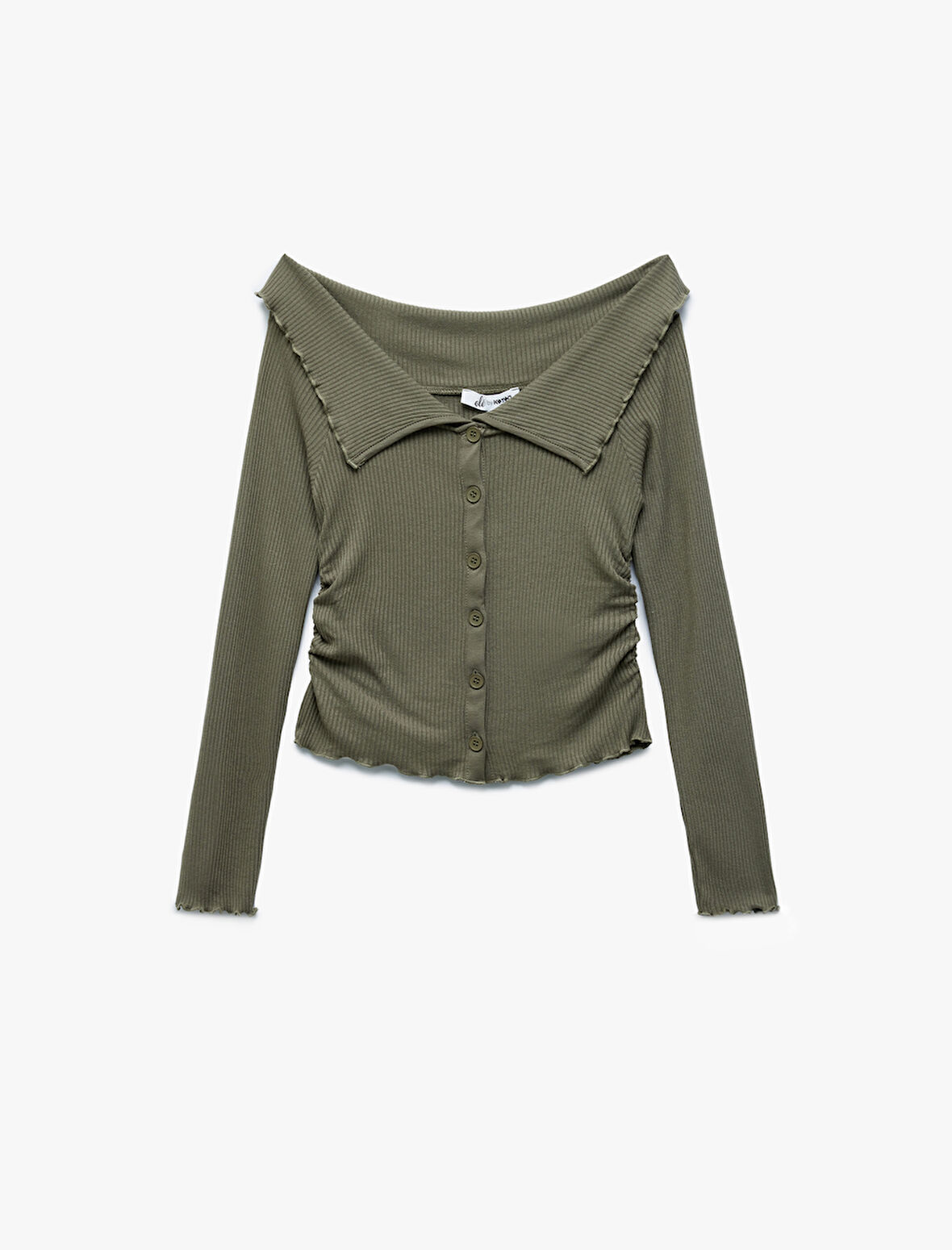 Viskon Omzu Açık Kaşkorse Düğmeli Viskon Uzun Kollu Tişört