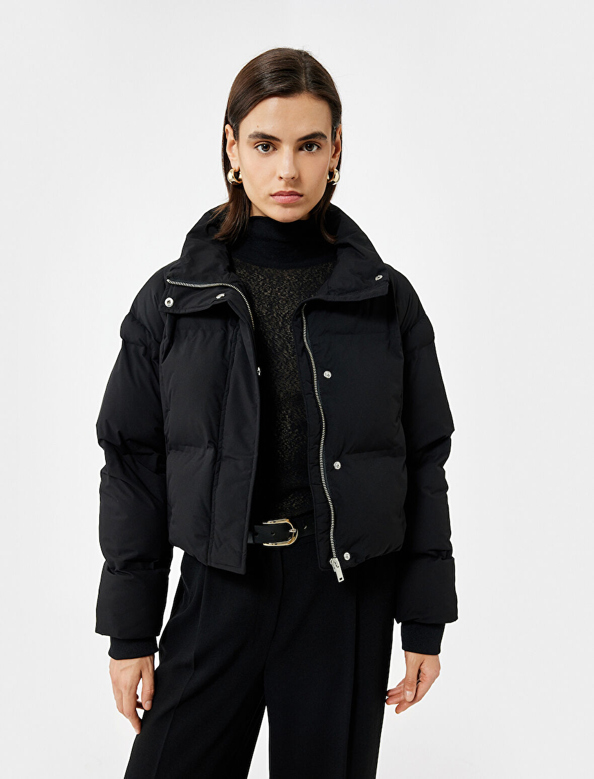 Dik Yaka Uzun Kollu Su İtici Crop Şişme Mont