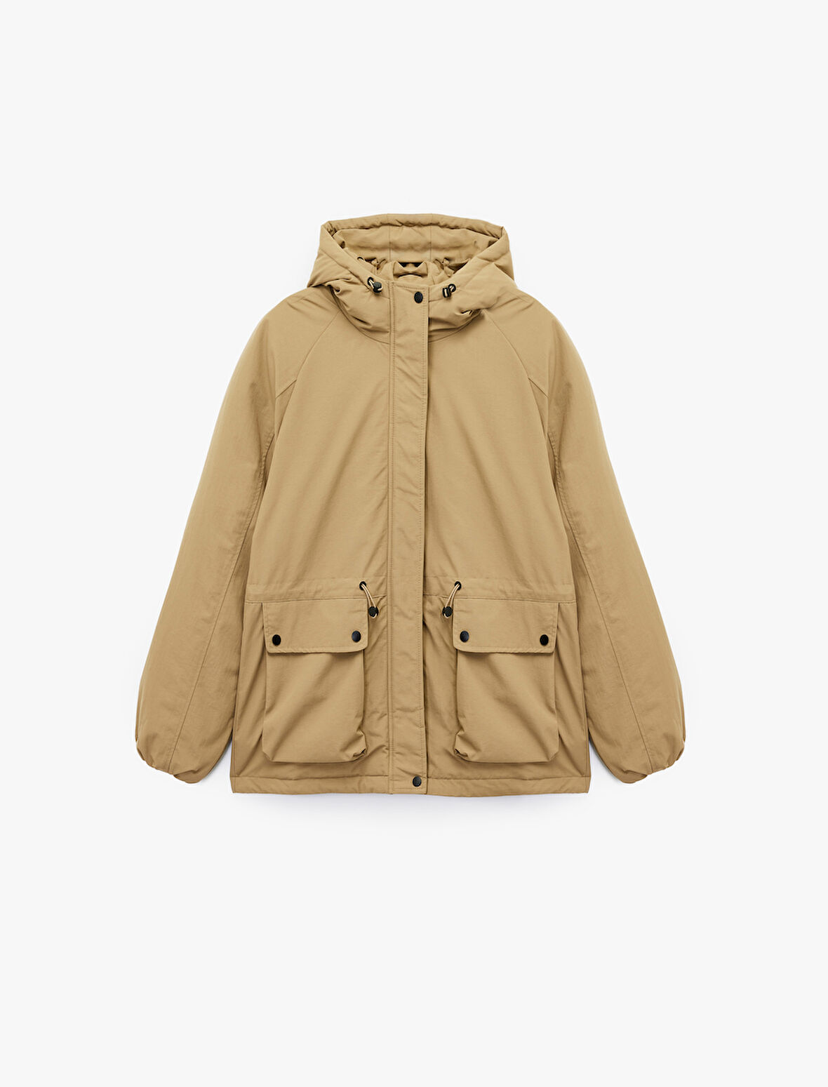 Uzun Kollu Kapaklı Cepli Kapşonlu Mont 