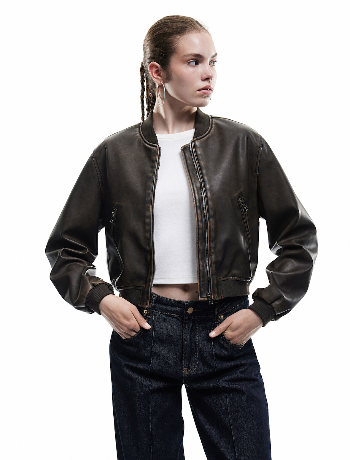 Uzun Kollu Fermuarlı Cepli Suni Deri Bomber Ceket