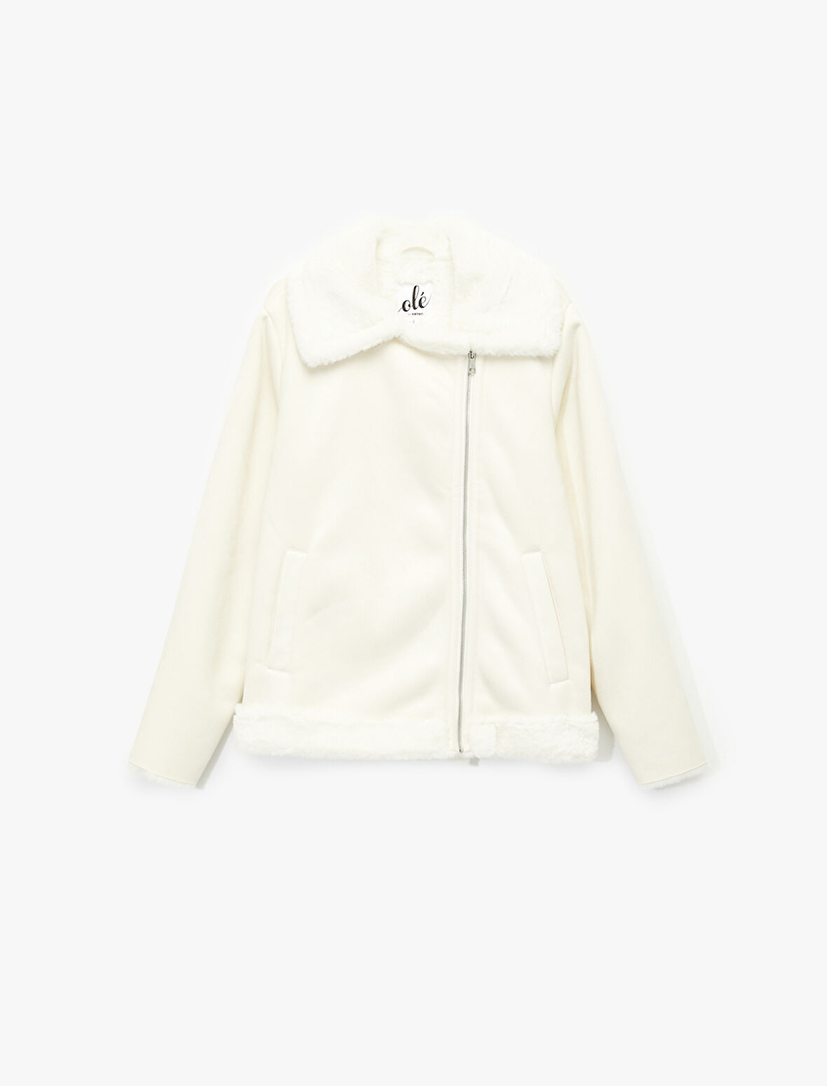 Suni Kürklü Yaka Fermuarlı Cepli Süet Görünümlü Biker Ceket