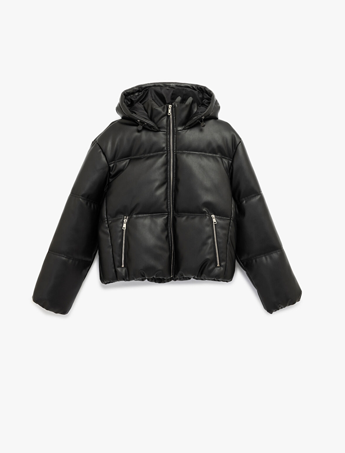 Fermuarlı Uzun Kollu Kapüşonlu Kapitone Şişme Mont