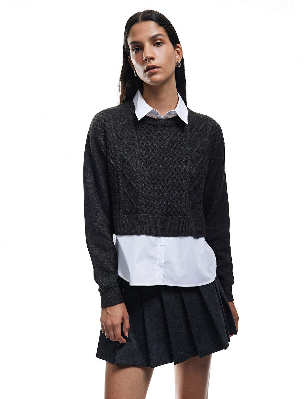 Uzun Kollu Gömlek Yaka Saç Örgü Dokulu Viskon Karışımlı Kazak