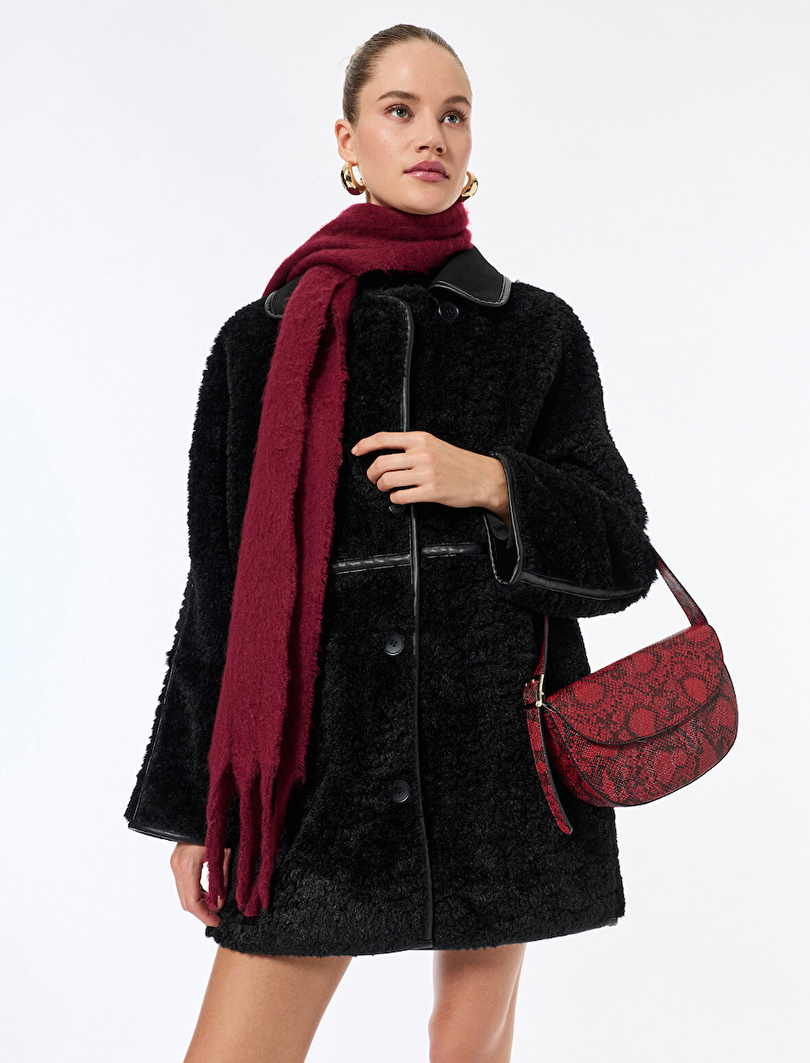 Bonded Kaban Oversize Peluş Düğmeli Cepli Kruvaze Uzun Kollu