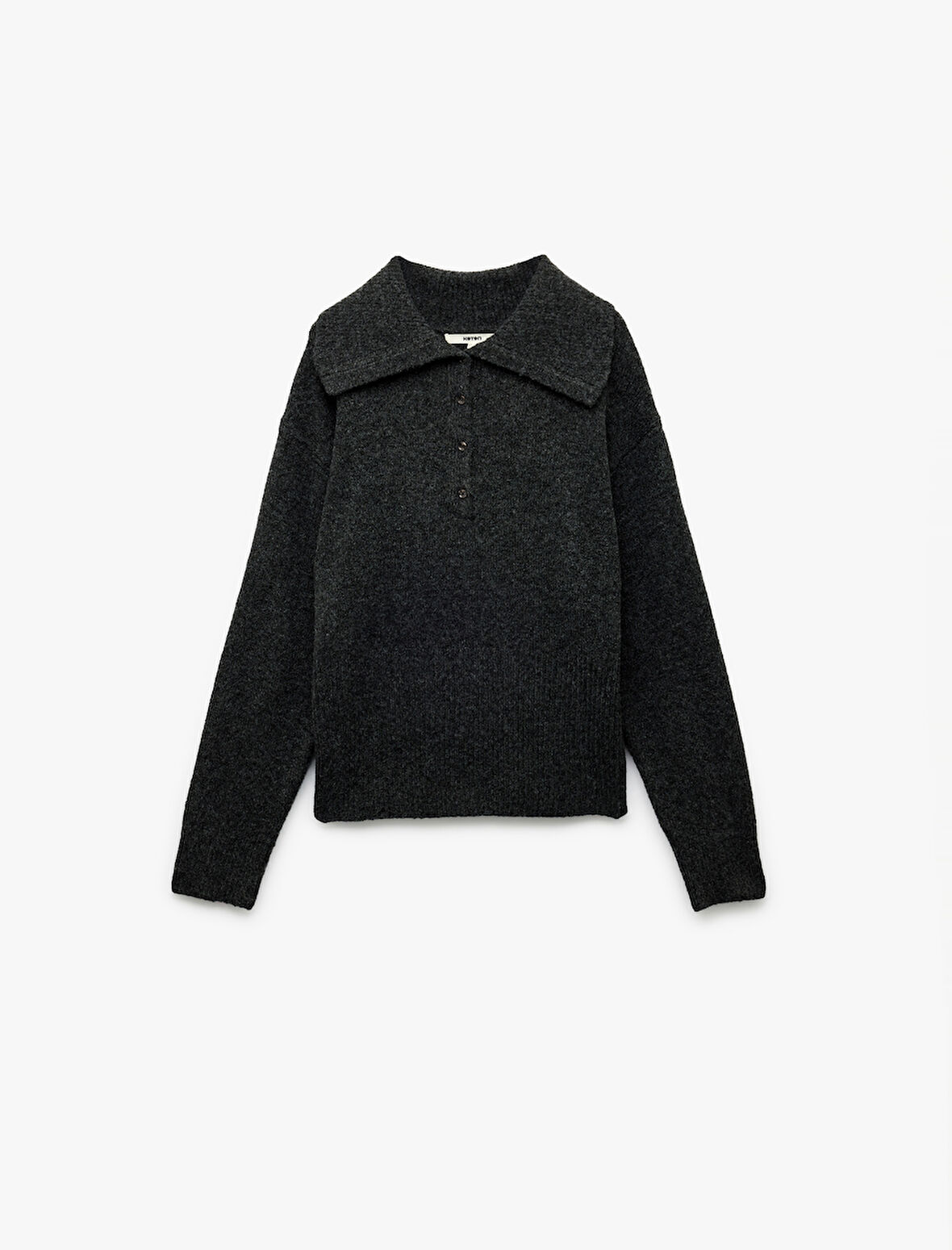 Regular Fit Uzun Kollu Yarım Düğme Detaylı Geniş Polo Yaka Triko Kazak